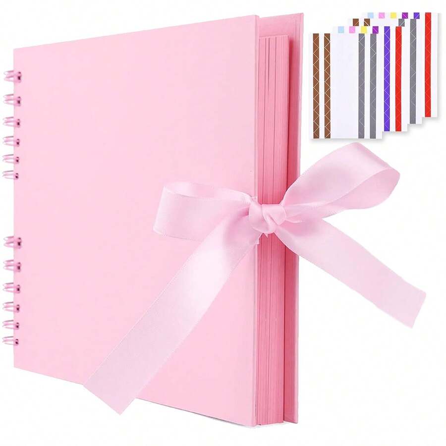 80 Pages (40 Sheets) Pink Faux Leather Scrapbook Album, 12*8 Inch, With 4 Colorful Corner Stickers, DIY Scrapbook, Wedding Guest Book, Anniversary, Valentine's Day Gift - Pink - View 1