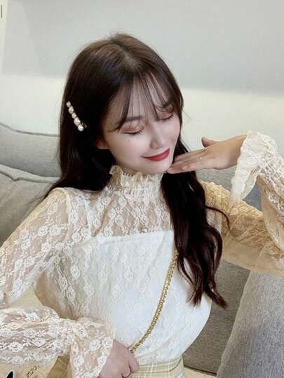 Lace Floral Design Elegant Hollow Out Long Sleeve High Neck Women Blouse (Inner Top Not Included)