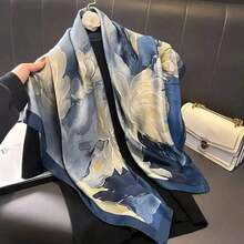 35.43inch Blue Printed Square Scarf, Fashionable Slim Satin Shawl, Summer Women's Headscarf-Halloween,Christmas,Fall,Winter, Supplies, QYVA - 藍色 - 查看 1