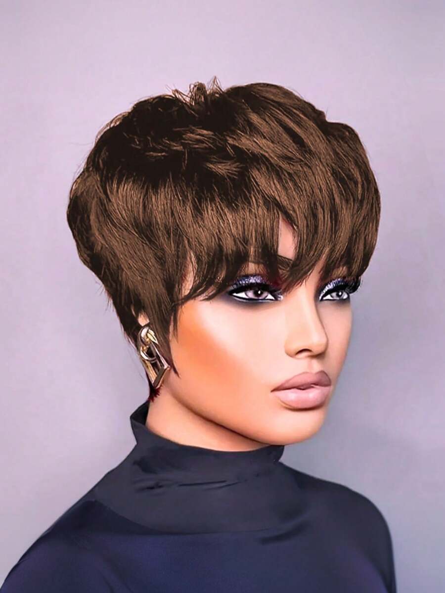 4# Brown Chocolate Short Wig, Real Human Hair Elf Short Wig, Suitable For Women, Bobbi Boss Wig, 4# Brown Straight Short Wig, Suitable For Women, Real Human Hair Layered Elf Short Wig With Bangs, Real Human Hair Short Wig, Glueless Lace-Free Front Wig, Full Machine Weft Layered Wig, Suitable For Valentine's Day And Daily Wear - 棕色 - 查看 1
