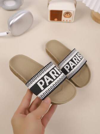 1 Pair Children's Fashion Casual Outdoor Birkenstocks-Style One-Strap Flat Sandals With Letter Embroidery, Suitable For Spring/Summer