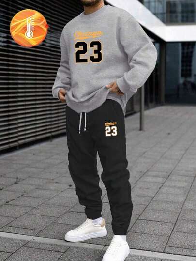 2pcs Men's Plus Size 23 Letter Print Casual Crew Neck Sweatshirt + Pants Set, Autumn/Winter