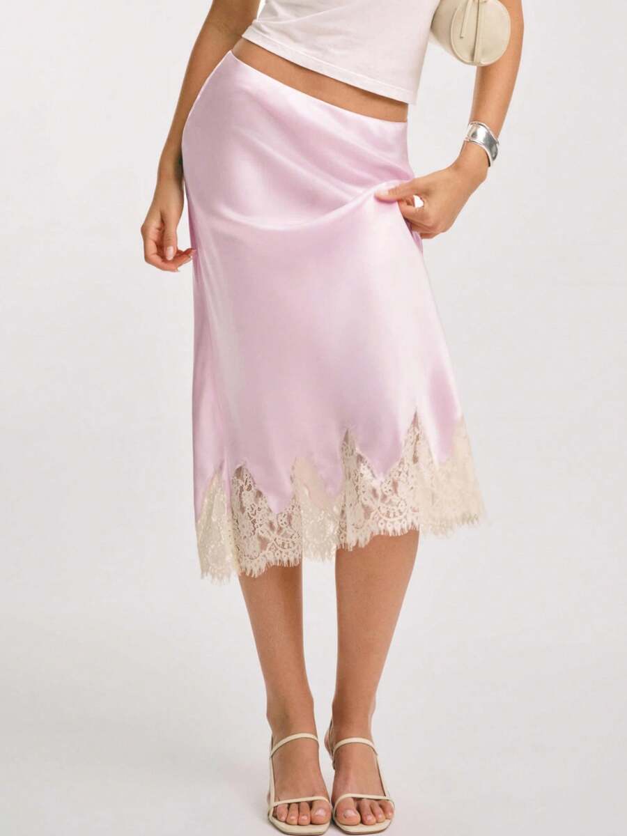 Women Satin Midi Skirt Silk Lace Trim Long Skirts Fashionable Elegant Solid Color A Line Flowy Silky Maxi Skirt For Under Dress Streetwear For Party Work Daily Wear - 粉色 - 查看 1