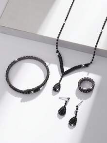 Bộ trang sức nữ 5 món - Dây chuyền, bông tai, vòng tay, nhẫn, họa tiết hình thoi, thanh lịch, phù hợp cho tiệc tùng, đám cưới, ngày Valentine. - màu đen - Xem 4