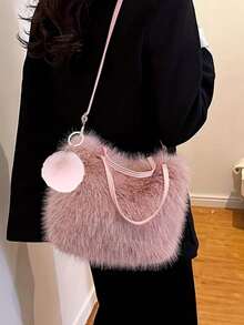 轻盈人造毛皮单肩包，配有可调节肩带和毛绒吊坠，磁扣开合，顶部提手设计，可手洗，适合日常出行，Honey Girl风格，人造皮革内衬，女士毛绒斜挎包 - 彩色 - 查看 3