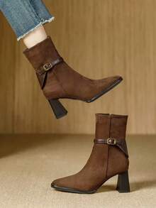 Women's Suede French Style High Heel Ankle Boots, Fashion Square Toe Chunky Heel Slim Boots, Retro Single Booties