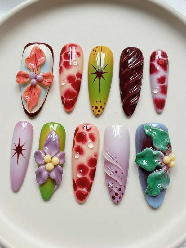 Transforma tus uñas - Juego de 10 uñas postizas de larga duración con forma de almendra, hechas a mano, con degradado de colores del arcoíris, puntas francesas con lunares, con relieve 3D de flores y gotas, acentos dorados 3D, set de uñas removibles y reutilizables (incluye pegamento y lima de uñas) - Uñas góticas elegantes y lindas para Navidad