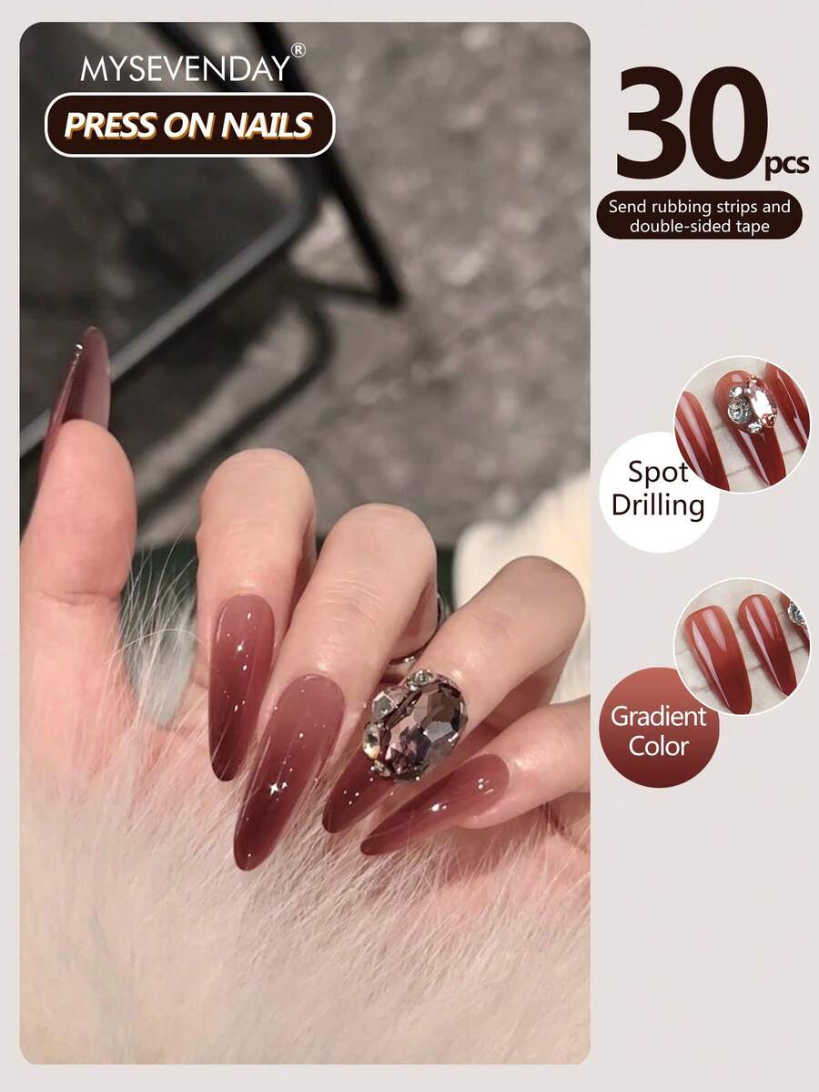 30片杏仁形/长款玫瑰红渐变美甲贴纸，镶嵌闪亮水晶，完美贴合亚克力假指甲套装，包含1瓶甲油胶和1把指甲锉，适合女性在秋冬季日常工作、学习和聚会时佩戴。这款美甲产品也适用于派对、节日和日常使用。美甲用品 - 彩色 - 查看 1