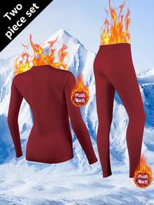 两件套女士保暖内衣套装，采用温暖柔软的抓绒面料，适合日常休闲、健身、滑雪、打底穿着，是女士秋冬季保暖的理想选择。 - 酒紅色 - 查看 2