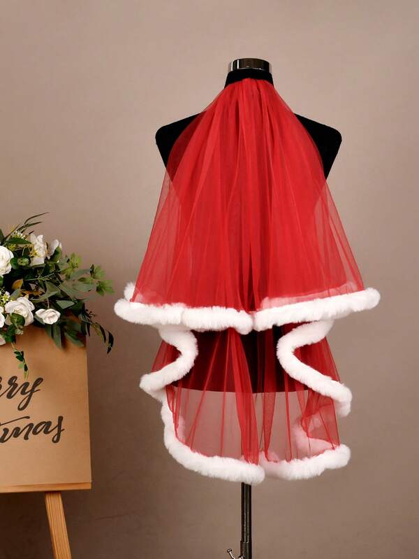 1 rote doppellagige Schleier mit Dekoration aus Kunsthasenfell, warm und süß als Weihnachts- und Halloween-Accessoire sowie für Partykleider von Frauen