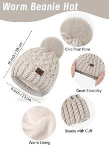 URATOT Women Winter Beanie Hat Scarf Gloves Ear Warmer 4 In 1 Set Beanie Pompom Hat Touchscreen Gloves Long Scarf Ear Warmer - 麥片 - 查看 2