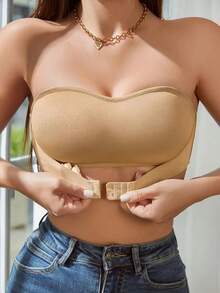 Women's Strapless Strapless Strapless Strapless Bra - Full Cup Lifting Effect, Solid Color Black And White, Comfortable Daily And Special Occasions Bra, Hand Washable, No Padding, Minimalist Design, Suitable For Layering, Suitable For Both Large And Small Breasts, Fashionable And Comfortable Fit, Seamless Strapless Design, No Steel Ring, Smooth Modern Style, Ideal For Casual Or Formal Wear, Women's Bra, Double-Layer Thick Gathering Bra, Women's High-Quality Bra, Gathering Bra, Strapless Bra, Women's Gathering Bra, Strapless Bra, Women's Gathering Bra, Women's Gathering Bra - 卡其色 - 查看 1