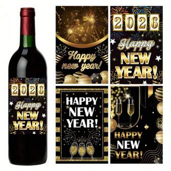 4sheets Happy New Year Bottle Stickers, Wine And Beer Bottle Stickers With Golden Fireworks, 2026, Wine Glasses, And Balloon Patterns, Suitable As New Year Celebration And Holiday Party Decoration Stickers, Champagne Bottle Stickers, New Year Table Decorations, Wine Bottle Labels, Beer Bottle Labels