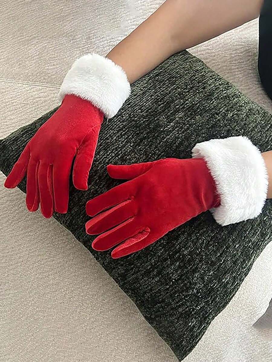 2只装圣诞天鹅绒手套，圣诞老人服装手套，带白色毛绒袖口，腕长手套，圣诞连指手套，圣诞老人