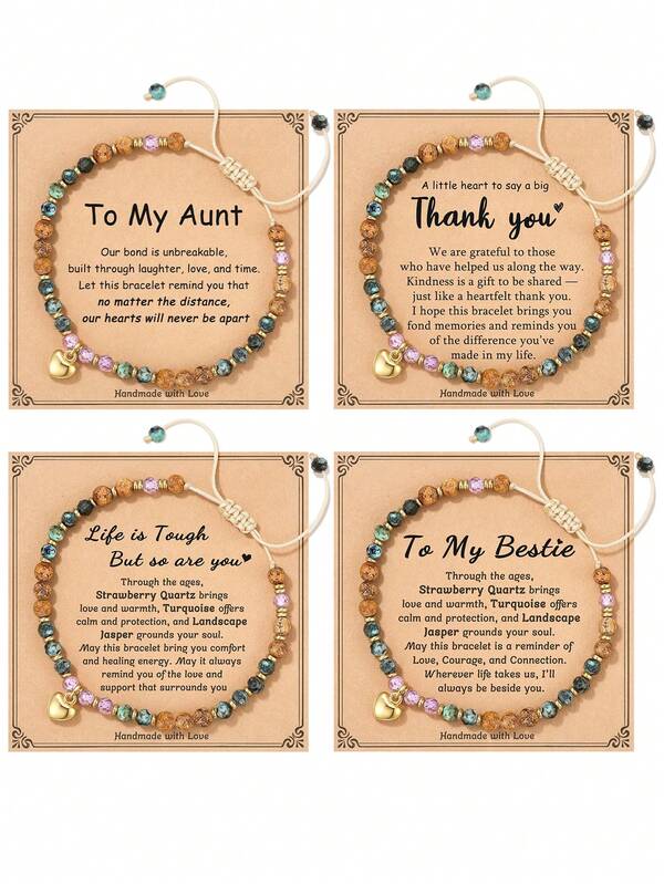 1pc Heart Pendant Natural Stone Braided Bracelet For Women Adorable And Delicate 4mm Natural Stone Beaded Handmade Bracelet Birthday Gift, Thank You Gift, Aunt Gift, Fashion Jewelry Gifts