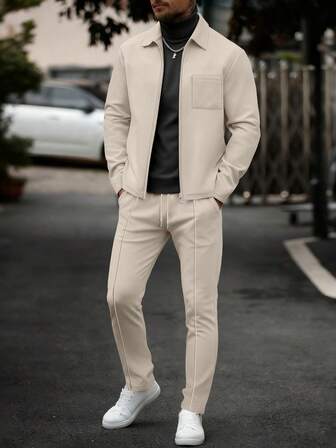 男士两件套：时尚拉链纯色翻领夹克（带口袋）+抽绳腰带长裤，轻便休闲，适合春秋季穿着，可作为送给男友的礼物