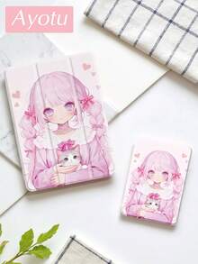 Ayotu 1 Pc An Anime Girl Holding A Cat Tablet Case & Kindle E-Book Case Compatible With Pad 10th Generation, Pad 10.2/Mini6/Mini7/9.7 Inches, Compatible With Samsung Galaxy Tab A9 Plus, Kindle (11th Generation-2024 Release)(6 Inch), Kindle Paperwhite 12th Gen 2024, Great Holiday Gift, Stylish And Simple Pattern. - Pink - View 3