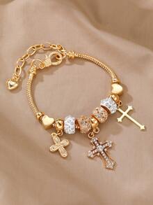 1 chiếc vòng tay thời trang hình thánh giá và trái tim cổ điển tông vàng, phụ kiện hàng ngày và tiệc tùng, quà tặng cho cô ấy - Nhiều màu - Xem 6