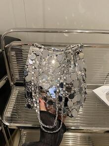 1pc Glitter Lightweight Durable Large Capacity Women's Crossbody Bag, Fashionable Versatile Party Bucket Bag Suitable For Party, Travel, Evening Events - Silver - View 1