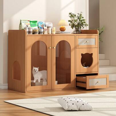 Cajoneras, armarios de almacenaje, armarios multiusos para salón, muebles modernos para gatos, casita para gatos, casita para gatos con comedero, espacio de almacenaje y zona de descanso, muebles 5 en 1 para gatos en nogal, ideales para salones y apartamentos