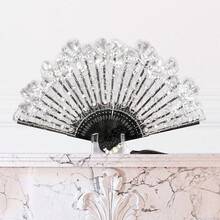 NEW-Lace Hand Fan Non-Foldable Vintage Bridal Handheld Fans With Rhinestone And Embroidered For Wedding Decoration Dancing Party (Gold) - 黑色 - 查看 6