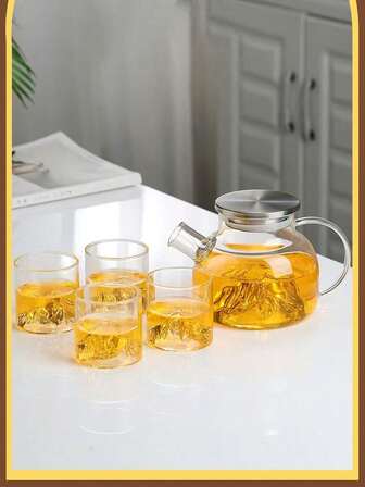 1pc 2025 New Heat-Resistant Glass Tea Set, 1 Teapot & 4 Cups Household Tea Set, Home & Office Tea Pot Set