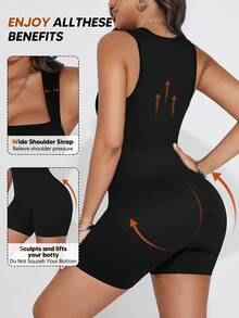 Women Workout Ribbed Bodysuits Tummy Control Body Shaper Seamless Sculpting Waist Slimming Bodysuit - Black - View 3