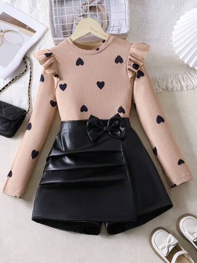 Set de 2 piezas de blusa de manga larga con patrón de corazón acanalado + falda con lazo, para primavera/otoño