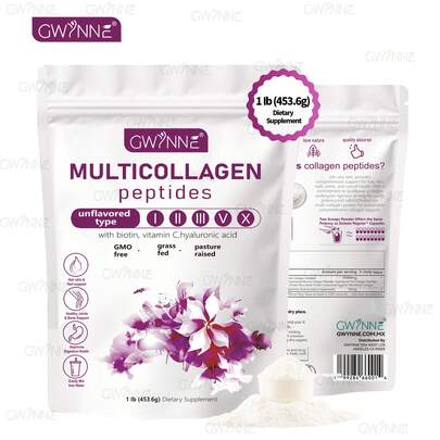  GWYNNE Colágeno Hidrolizado Múltiples Tipos I, II, III, V, X en Polvo (1 lb) | Con Biotina, Vitamina C y Ácido Hialurónico | Sin Sabor | Mejora Piel Radiante, Cabello Fuerte y Articulaciones Saludables | Keto, Sin OMG, Pasture Raised