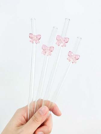 10pcs/Set Cute Glass Straws With Pink Bowknot/Heart/Big Bow Decor, Reusable Anti-Drop Transparent Straws Suitable For Water Cups, Cold Drinks, Milk Tea, Coffee, Juice, Milkshake, Kitchen, Restaurant, Cocktail, Back To School, Girlfriend/Boyfriend, Parents, Friends Gathering, Holidays, Parties