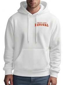Men's Hooded Sweatshirt, "TREATY OAK REVIVAL" Text Pattern Design, Made Of 260G Heavy Knit Fabric, Polyester-Cotton Material, Suitable For Sports, Home, And Outings, Unisex, Suitable For Festivals And Gifts, Machine Washable - 白色 - 查看 2