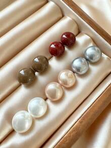5 Pairs Burgundy, Dark Coffee, Champagne, White, Dark Grey French Minimalist Muffin Faux Pearl Stud Earrings, Elegant Petite Luxury Earring Set, Suitable For Women's Daily And Holiday Wear