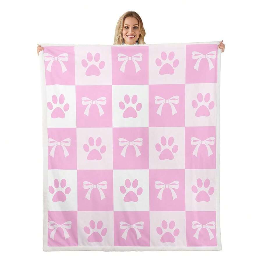 Pink Bowknot Flannel Blanket,Lovely Dog Paw Animals Lover Fleece Throw Blanket,Y Bow Tie Print Fleece Throw Blanket,Fairy Tale  Cartoon Bed Blanket For Bed Sofa Couch,90"X90" Nordic Style Acrylic Rectangular Office Nap Sofa Blanket Air Conditioning Blanket Knitted Small Blanket Shawl Cover Blanket Blanket Bed End Blanket Soft & Skin-Friendly Multi-Size Versatile Blanket Lettering Numbers Doodle - 彩色 - 查看 1