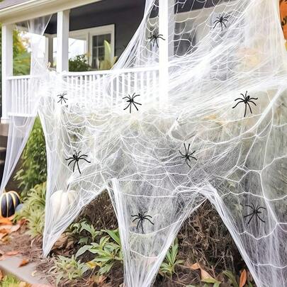 1 pieza 20g Telarañas de Halloween Decoraciones Bono con Arañas Falsas, Telarañas súper elásticas para fiestas de Halloween en interiores y exteriores