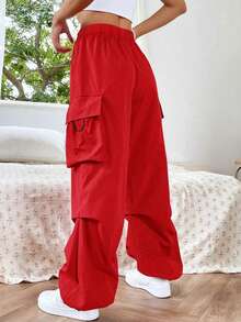 1pc Tween Girl Oversized Cargo Pants With Flap Pockets And Side Drawstring, Spring/Summer/Autumn - Red - View 4