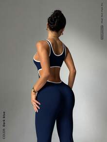 Midriff Cutout Design, Flare Leg Silhouette To Elongate Legs, #Sexy Activewear #Confident & Playful #Camera-Ready, Backless Jumpsuit, Cinched Waist Flare Leggings, Butt-Lifting Activewear, Waist-Cinched Booty-Lifting Yoga Set - Navy Blue - View 2