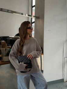 FOR BEAUTY Autumn And Winter New Solid Color Round Neck Simple Loose Casual Long Sleeve Knit Pullover Mid-Length Everyday Fashion, Versatile And Simple For Commuting Sweater Soft And Lazy Style Warm Christmas Top