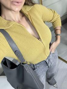 Ribbed Cropped Knit Cardigan Jacket With Zipper Collar - 黃色 - 查看 1
