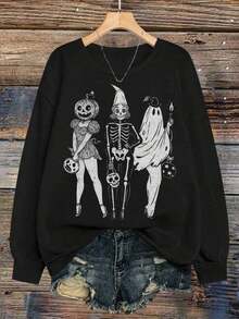 Ghost Girls Squad, Skeleton Ghost Pumpkin, Witch Autumn, Retro Halloween, Halloween Gift, Girls Sweatshirt, Nightmare Before Christmas, Halloween, Halloween Costumes For Women, Casual Crew Neck Long Sleeve High Quality Fleece Sweatshirt For Women- New Printed Sweatshirt - 黑色 - 查看 1