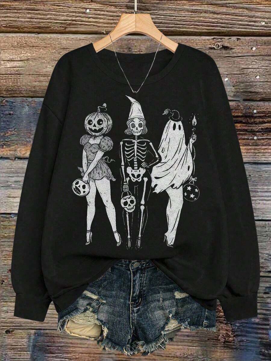Ghost Girls Squad, Skeleton Ghost Pumpkin, Witch Autumn, Retro Halloween, Halloween Gift, Girls Sweatshirt, Nightmare Before Christmas, Halloween, Halloween Costumes For Women, Casual Crew Neck Long Sleeve High Quality Fleece Sweatshirt For Women- New Printed Sweatshirt - 黑色 - 查看 1