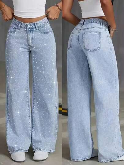 Women's Starry Rhinestone Embellished Wide Leg Jeans