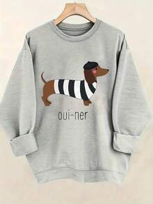 Women's White Dachshund In Striped Shirt & Oui Ner Graphic Casual Sweatshirt - Soft Light Beige-Friendly Fabric, All-Season Round Neck Pullover, Machine Washable Funny Dog Lover Apparel For Casual Attire - 灰色 - 查看 5