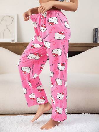 1件三丽鸥Hello Kitty卡通系列青少年全印花粉色牛奶丝苹果蝴蝶结春夏睡裤。卡通动物设计，适合女性。这款睡裤宽松舒适，既适合居家休闲，也适合作为空调裤在户外穿着。