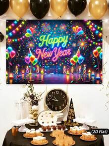 1 pezzo Striscione di sfondo fluorescente per Felice Anno Nuovo, stile palloncino con fuochi d'artificio per Felice Anno Nuovo, in poliestere, bandiera appesa, sfondo per celebrazioni, feste in casa, eventi familiari, photobooth, decorazioni per pareti, regali di Capodanno, decorazioni per giardini e cortili, decorazioni per feste, accessori per photobooth, decorazioni per il 2026