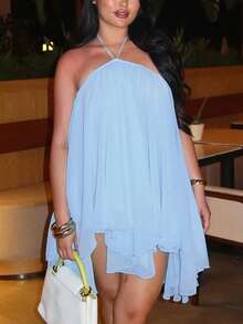 女士露背吊带无袖迷你连衣裙，性感优雅时尚派对半身裙，适合办公室、通勤和夏季度假穿着 - 天藍色 - 查看 2