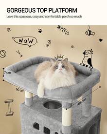 HEXCELEN 82.7-Inch Cat Tree, Large Cat Tower For Indoor Cats, Condo With Perch, Cat House Furniture With 2 Caves, 8 Scratching Posts, Hammock, Pompoms, Washable Cushion, Light Gray - Màu Xám nhạt - Xem 3