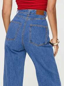 时尚复古高腰直筒牛仔裤，女士休闲裤（不含腰带），春夏款 - 中藍色 - 查看 5