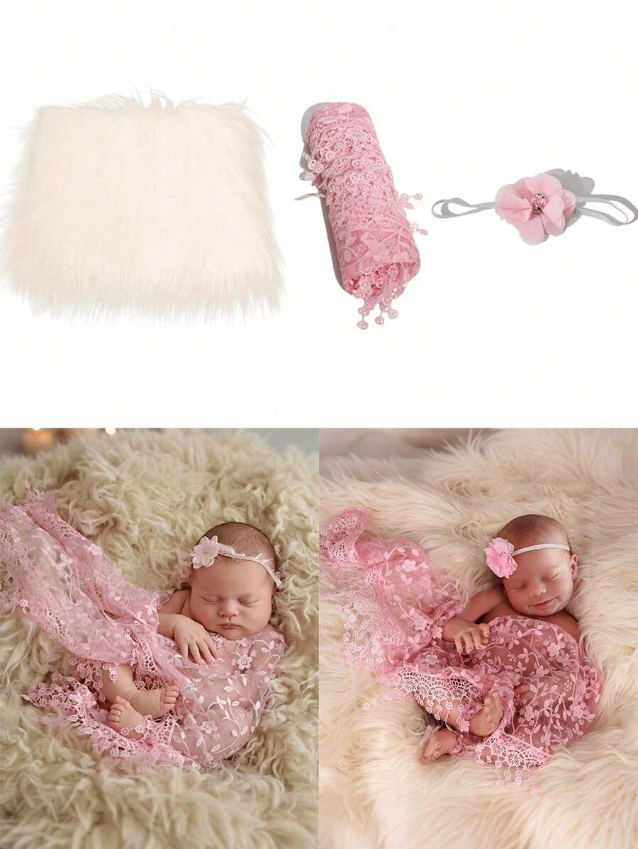 HelloCreate 3pcs Baby Photography Set, Baby Photo Props Fluffy Blanket Wrap Headband Set Newborn Photography Wrap Mat - View #8