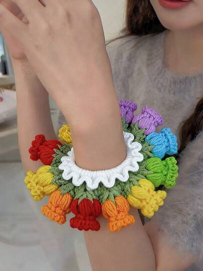 1pc Handmade Crochet Lily Of The Valley Scrunchie, Wool Knitted Hair Tie, Warm Hair Accessory For Women, Ponytail Holder, Elastic Hair Tie, Autumn/Winter ,Hair Rope