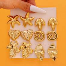 6 perechi de cercei pentru femei, din aur, cu model geometric neregulat, la modă, CCB, transfrontalier european și american, cu stil retro și simplu, cercei cu elemente de frunze de arțar și inimă de stea de mare, potriviți pentru festivaluri zilnice, întâlniri, banchete și cadouri de înaltă calitate pentru prieteni și mame - Aur 1 - Vizualizare 8